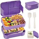 BIBURY Lunch Box, 1550ml Leakproof Stackable Bento Box for Kids Adults, Food Container with 6 Compartments, Cutlery and Sauce Pot Set, BPA Free, Microwave and Dishwasher Safe Snack Box - Purple