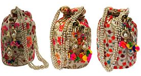 FILORA Women's Ethnic Rajasthani Silk Potli Bag (Multicolour) -Combo of 3