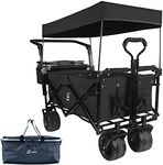 Collapsible Wagon Heavy Duty Folding Wagon Cart with Removable Canopy, 4" Wide Large All Terrain Wheels, Brake, Adjustable Handles,Cooler Bag Utility Carts for Outdoor Garden Beach