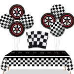 PIXHOTUL Race Car Party Decorations - 3 Pcs Checkered Race Track Tablecloths, 8 Pcs Foil Race Car Balloons Black Checkered Flag Table Cover for Kids and Adults Race Car Birthday Party Supplies