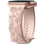 Mastten Floral Engraved Strap Compatible with Apple Watch Strap 38mm 40mm 41mm 42mm for Women, Soft Silicone Elegant Rose Floral Pattern Band for iWatch Series SE 10 9 8 7 6 5 4 3 2 1, Sand Pink