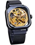 FORSINING Automatic Watches Mechanical Wrist Watch Golden for Mens Skeleton Watches with Stainless Steel Transparent Dial with Royal Flower Movement Carving, Black-1, GMT1148-2NEW