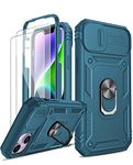 LeYi for iPhone 14 Plus 6.7'' Case Camera Cover Slider and 2 Tempered Glass Screen Protector, Ring Holder 360° Full Body Protective Shockproof Hard Armour Rugged Phone Case Cover Sea Blue