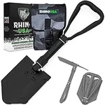 RHINO USA Folding Survival Shovel w/Pick - Heavy Duty Carbon Steel Military Style Entrenching Tool for Off Road, Camping, Gardening, Beach, Digging Dirt, Sand, Mud & Snow.
