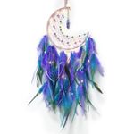 LOMOHOO Moon Dream Catcher with Fairy Lights Turquoise Pendant Traditional Handmade Feather Wall Hanging Decor Bohemian Ornament for Kids Bedroom Home Decoration(Blue Purple)