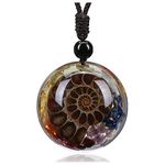 Jovivi 7 Chakra Gemstone Reki Healing Crystal Necklace Round Circle Shape Ammonite Fossil Resin Chip Stones Pendant Necklace for Women Men Tree of Life Jewelry