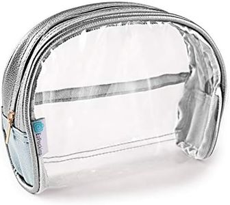 Half Moon Bag / Clear Cosmetic Pouch for Purse / Transparent TSA Compliant Clear Quart Bag for Travel / See-Through Clutch or Handbag for Makeup / Made From Vegan Leather, Vinyl PVC & Suede (Silver)