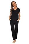 Smallshow Women's Maternity Nursing Pajamas Short Sleeve Postpartum Clothes Medium,Black