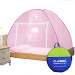 Classic Mosquito Net for Single Bed | Foldable Machardani | Polyester Strong 30GSM mesh | PVC Coated Corrosion Resistant Steel Wire - Full Pink.