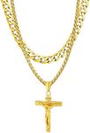 Gold Crucifix Pendant Necklace Sturdy Cuban Link Chains 22 Inches Birthday Jewelry Gift for Father Grandpa Son