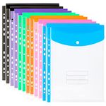 Punched Pockets 12 Pack A4 Plastic Wallets - 11 Holes Expandable Binder Pocket for 2/3/4 Ring Binder, Heavy Duty Plastic Envelope File Folders with Snap Button and Label Pocket for School Home Office