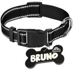PAWPRO HANDMADE Reflective Dog Collar with Customizable Bone-Shaped Tag – Adjustable for Safety and Comfort, Fits 35-50 cm Neck – Black (Black, Medium)
