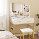 COTUBLR Vanity Desk with Mirror & Stool, Makeup Vanity Desk with Charging Station, Dressing Table with 2 Drawers, Vanity with 3 Lighting Color Adjustable for Women and Girls, White