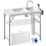 Outsunny Folding Fish Cleaning Table with Sinks, Camping Sink with Faucet Drainage Hose Sprayer Shelf Drawer Storage Basket, Outdoor Sink Station for Beach Patio Picnic, White