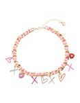 Betsey Johnson PINK RIBBON WITH CHARMS XO Crystal NECKLACE, 15.5” x 2”, Zinc, Rhinestone