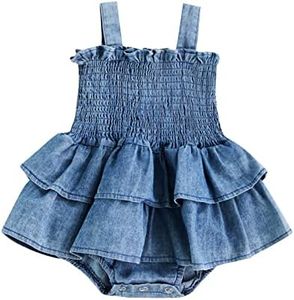 Baby Girl Denim Rompers Sleeveless Suspender Pleated Ruffle Hem Bottom Snap Jumpsuits Dress Clothes (Blue, 3-6 Months)