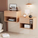 Kiseely Floating Nightstand, Modern Wall Mounted Bedside Table with Drawer, Wood Bedside Shelf & Desk, End Table Wood Modern Night Stand for Bedroom (Beech R1, Set of 2)