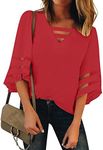 luvamia Women Casual Strappy V Neck Blouse 3/4 Bell Sleeve Mesh Panel Shirts Top, B Fiery Red, Small