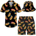 ifamawlea Men's 2 Piece Tracksuit Hawaiian Shirt Shorts Button Down Shirt and Shorts Sets with Bucket Hats, Colorful Hot Dog, XX-Large