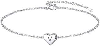 ChicSilver 925 Sterling Silver Heart Bracelet with Initials Simple Personalized Alphabet Letter V Bracelets - 6" to 8" - Flexible