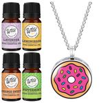 Wild Essentials Pink Donut Essential Oil Diffuser Necklace Gift Set Aromatherapy Pendant, 24" Stainless Steel Chain, Refill Pads and 100% Pure Oils (Lavender, Peppermint, Inner Calm and Zen)