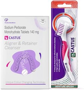 Castus Retainer & Aligners Cleanser Tablets (90 Tablets) oral care sanitizes and removes stains Ideal for all dental appliances - Aligners, Retainers and Mouthguards and CASTUS Manual Denture Brush (Pack Of 1) Easy Grip Handle (combo pack)