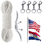 Flag Rope and Clips Kit - 50ft Flag Pole Rope Halyard with Cleat Hook & 4 Pcs Swivel Snap Clips for Flagpoles Up to 25ft, Outdoor Porch Flagpoles Repair Replacement Parts Accessories