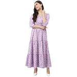 DEEBACO Women's Disty Floral Fit & Flare Maxi Smocking Dress|V-Neck|Full Length Long Women Dresses for Ladies|Stylish Dress for Women (DBDRMR00000505A_M) Lavender