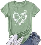 Caipudan Flower Heart Shirt for Women Boho Floral Wildflowers Graphic Tees Love Heart Print Gardening Casual Short Sleeve Tops Light Green-L