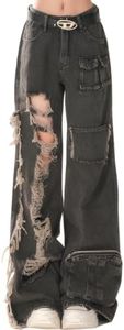 kakarin choyx Fashion High Waist Baggy Wide Leg Fringe Ripped Jeans Y2K Vintage Casual Straight Denim Pants with Pocket M Black
