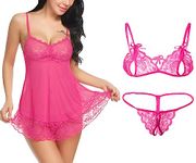 Xs and Os Women's Babydoll with Lace Bra Panty Lingerie Set Combo (Free Size, Rose Pink)