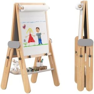 BanaSuper Kids Art Easel - Double-Sided Folding Wooden Art Easel with Magnetic Chalkboard and Whiteboard, Portable Art Station with Paper Roll Holder for Creative Play