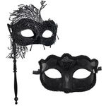 EUPSIIU 2 Pieces Masquerade Mask with Stick, Women Venetian Lace Mask, Mardi Gras Mask, Ladies Halloween Mask, Carnival Masquerade Eye Mask for Women Girls Costume Party Masks Fancy Dress (2PCS)