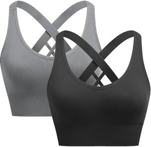 ANGOOL Women Sports Bra, Padded Removable Seamless Activewear Bras, Racerback Crisscross Strappy Athletic Bras, Support Workout Bralette for Yoga Gym Workout Fitness,Black+Gray,M
