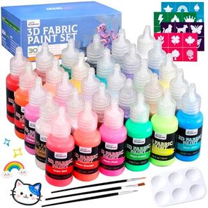 30 Colors 3D Fabric Paint Set, Permanent Textile Paint with Brushes, Palette and Stencils, Metallic, Fluorescent, Pastel & Glitter Colors,Nontoxic Waterproof Paint for T-Shirts, Jeans, Shoes