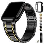 Fullmosa Compatible with Band 45mm 44mm 42mm with TPU Protective Case, Stainless Steel Watch Bracelet Metal Strap for SE/iWatch Band Series 9 8 7 6 5 4 3 2 1 Black Gold