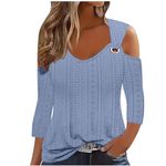 Deals of The Day 2024 Sexy Cold Shoulder Tops for Women UK Fall Fashion 3/4 Sleeve V Neck Tunic Shirts Ladies Elegant Hollow Out Eyelet Blouse Dressy Casual Solid Color Loose Fit Tee Shirts