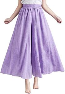 Flygo Women's Pull-On Elastic Waist Wide Leg Linen Pant Palazzo Pants Culottes (Length - 95CM, Lilac)