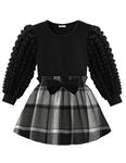 Arshiner Girls Casual Skirt Set Puff Long Sleeves Ribbed Pullover Tops Elastic Waist Pleated Skirt with Bowknot Size 5 6