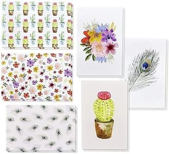 48-Pack All Occasions Cards with Envelopes, 6 Watercolor Floral Peacock Feather Designs, Blank Insides for Anytime, Birthdays, Wedding, 4x6