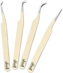 SIVOTE Fiber Tips Lash Tweezers for Eyelash Extensions, Set of 4, Curved, Dolphin, 90 Degree & 45 Degree Tweezer, Vanilla