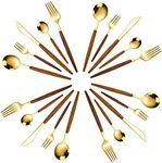 PLENARO Luxury Mirror Polished Silver Cutlery Silverware Set with Wood Handle 18/10 Stainless Steel Flatware Dinnerware Knife Fork Spoon Tableware (Set of 20, Gold)