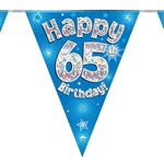 Party Bunting Happy 65th Birthday Blue Holographic 11 flags 3.9m