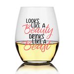 Looks Like a Beauty Drinks Like a Beast Wine Glass, Princess Gifts for Women, Wine Lover Glass With, Funny Sayings, Girlfriend Birthday Present Wine Gift for Her, Wife, Friend, Mom Gag Gift