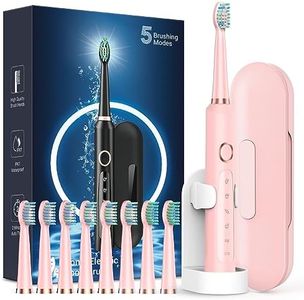 Rtauys M5 Sonic Electric Toothbrush for Adults - Rechargeable Electric Toothbrush with 8 Brush Heads & Travel Case, Power Electric Toothbrush with Holder, 3 Hours Charge for 120 Days - Pink