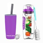 InstaCuppa Fruit Infuser Water Bottle 1 Litre, Tritan Infusion Unit,Recipes eBook, Carry Sleeve, Purple