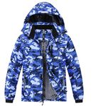MoFiz Kid's Ski Jacket Waterproof Warm Winter Windbreak Snow Coat Boy's Fleece Snowboarding Jackets Hooded Thicken Coat (CD-Camo Blue,14-16 Years)