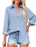 Hotouch Women Boyfriend Button Down Shirt Collared Button Up Shirt Casual Roll Up Long Sleeve Blouse Top Sky Blue S