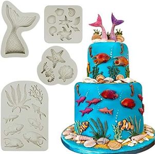 Mity rain Marine Theme Cake Fondant Mold - Seaweed Fish Seashell Coral Mermaid Tail Silicone Mold for Mermaid Theme Cake Decoration Chocolate Candy Polymer Clay Cupcake Cookie Jelly Sugar Craft