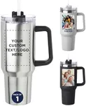 DISCOUNT PROMOS Custom 40 oz Alps Stainless Steel Travel Mugs with Handle - Set of 1 Personalized Tumbler, Ideal for Outdoor Adventures & Daily Commute, Great for Water or Coffee - Silver